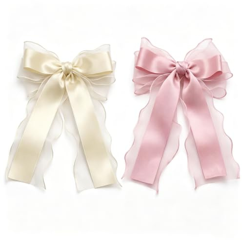 Daxiangsheng Elegant Large Ribbon Long Tail Hair Bow, Pink Beige 2Pcs | Large Double-Layer Satin Bow with Sheer Edges and Long Tails, Non-Slip Clip Soft and Lightweight, Perfect for Daily Wear