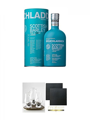 Bruichladdich Scottish Barley Laddie Classic 0,7 Liter + The Glencairn Whisky Glass Stölzle 2 Whiskygläser + edlem Tablett aus Holz + Wasserkrug + Schiefer Glasuntersetzer eckig ca. 9,5 cm Ø 2 Stück
