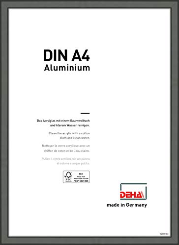 DEHA Design Bilderrahmen, 21 x 29,7 cm (A4), Aluminium, Grau matt, Dokumentenrahmen zum Aufhängen im Hoch- & Querformat, bruchsicheres Kunstglas, Boston