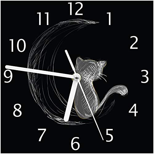 Wallario Design-Wanduhr Katze sitzt auf dem Mond - illustriert in weiß auf schwarz aus Glas, Motiv-Uhr Größe 20 x 20 cm, weiße Zeiger