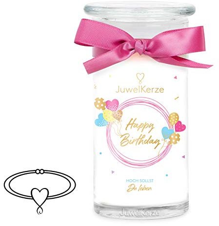 JuwelKerze Happy Birthday Armband Silber - Schmuckkerze 80 Std - große Duftkerze mit Süßem Duft - weiße Kerze mit Schmuck Überraschung - Geschenke für Frauen, Geburtstag
