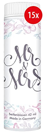PUSTEFIX Seifenblasen Set I 15 x Klassik 42ml Hochzeit Mr. & Mrs. Blumen I Hochzeits-Bubbles Made in Germany I Seifenblasen für Hochzeit, Standesamt, Polterabend, Geburtstag I 15 x 42 ml Vorteilspack