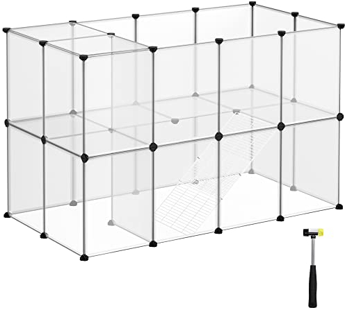 SONGMICS Gehege, Laufstall, Freigehege für Kaninchen, mit Treppen, 143 x 73 x 91 cm, aus Kunststoff, für Kleintiere, Meerschweinchen, Hamster, transparent LPC005W01