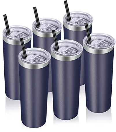 VEGOND Tumlare i rostfritt stål, 6-pack, 567 ml vakuumisolerade smala tumlare med lock och sugrör, dubbelvägg kaffemugg, resevattenkopp