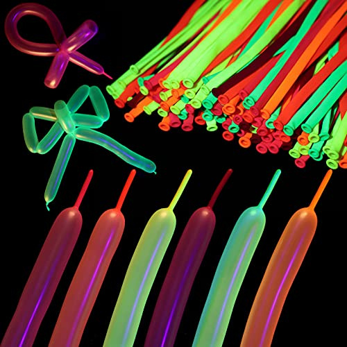 Skylety 150 Pieces Neon Glow Long Balloons Backlight Reactive Fluorescent Colorful Long Animal Twisting Latex Balloons for Twisting DIY Animals Birthday Party Decorations