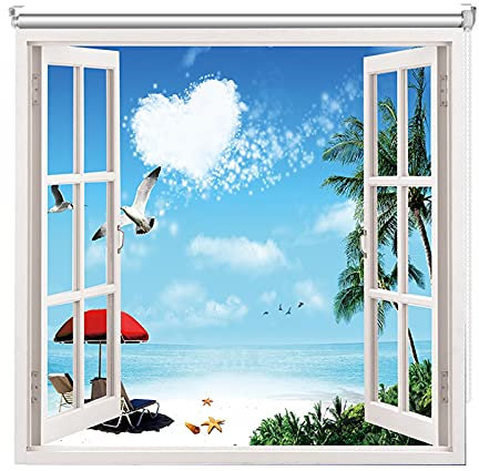 JLXJ Rollo Verdunklungs Seitenzugrollo Blackout Rollo Sonnenschutz, Strandlandschaft Muster, 95cm/115cm/135cm/155cm Breit, Tag-und Nacht wasserdichte Jalousien mit Armaturen