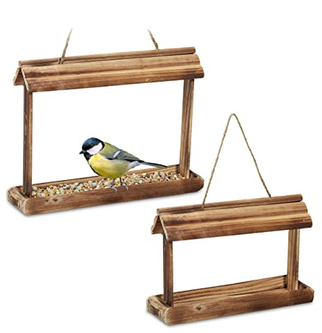 Relaxdays Bird Feeder, Set of 2, Feeding Station, Hanging, H x W x D: 23.5 x 31.5 x 8 cm, Wood, Natural