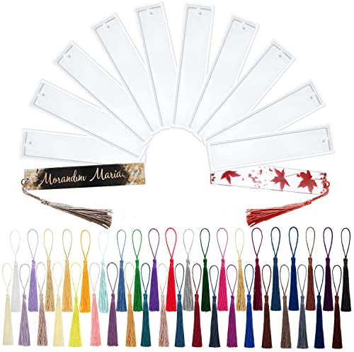 Lot de 50 moules en résine époxy pour marque-page – 10 moules en silicone avec 40 pompons colorés pour moulage transparent
