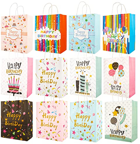 Taekooki 12 Stück Happy Birthday Tüte, 21 x 15 x 8cm, Geburtstag Geschenktüten Set, Große Papiertüten mit Henkel, für Kindergeburtstag Geburtstagsfeier
