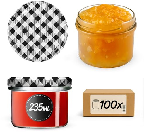 KADAX Lot de 100 petits bocaux en verre fi82 de 235 ml, mini bocaux pour miel et épices, bocaux à confiture avec couvercle, bocaux hermétiques à offrir (carreaux noirs)