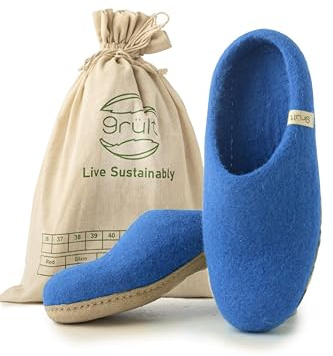 Grült Chaussons en feutre Bleu EU-37, en laine de mouton avec semelle en cuir, chaussons Filz pour homme et femme | chaussures en feutre