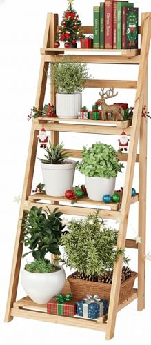 IDZO 4 Tier Wooden Ladder Shelf 44 in Bookcase Ladder Shelf Storage Shelves Rack Shelf Unit for Office and Home 44 x 16.5 inches Natural