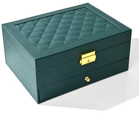 GUOER Jewelry Box for Women Girl Wife - Large PU Leather Jewelry Organizer Storage Case with Two Layers Display for Earrings Bracelets Rings Watches (Green)