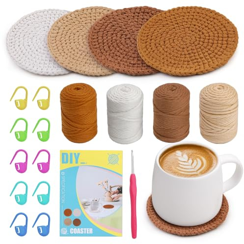 Häkelset für Anfänger, Häkelset für Anfänger, 4 Stück handgefertigte Untersetzer, komplettes Häkelgarn-Set, Häkel-Starter-Set mit Schritt-für-Schritt-Video-Tutorials, Häkelnadeln für DIY-Stricken,