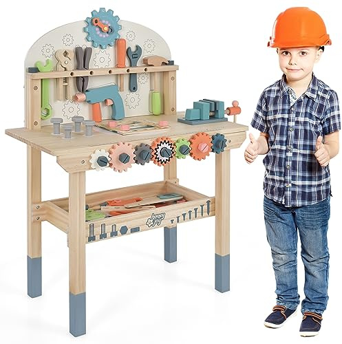 DREAMADE Jouet Bricolage Enfant, Etabli Bricolo Center en Bois, Jouet en Bois Établi du Bricoleur avec 63 Accessoires pour 3+ Ans (Bleu)