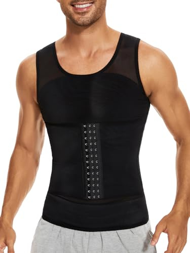 SLIMBELLE Mens Compression Shirt Slimming Body Shaper Undershirt Vest Chest Tummy Control Workout Waist Trainer Girdle Belt Posture Corrector Tank Top (Black-01, XL)