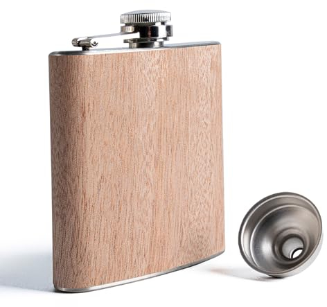 SPDYCESS Fiaschetta in Legno 6oz Fiaschetta in Acciaio Inox con Imbuto Piccole Fiasco per Liquori per Uomini Papà Regalo Campeggio Arrampicata Golf Pesca