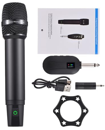 HUIOP Sistema microfonico wireless UHF professionale con microfono portatile cordless e ricevitore Microfono ricaricabile 16 canali per trasmissione video in diretta Intervista Festa di canto,Sistema