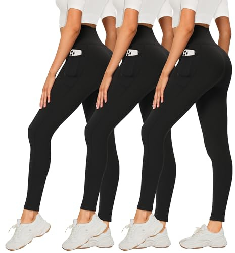 DDOBB 3 Pack Leggings for Women High Waisted Black Leggings Tummy Control Stretchy Pants Trousers for Gym Fitness Yoga Running Regular&Plus Size(Black *3 with Pockets)