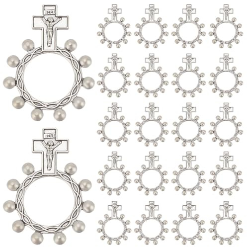 WEBEEDY 30 Pcs Legierung Rosenkranz Ring Silber Gebet Kreuz Ring katholischen Finger Rosenkranz Ring katholischen christlichen Glauben Geschenke für Frauen Männer,Stressabbauender religiöser Schmuck