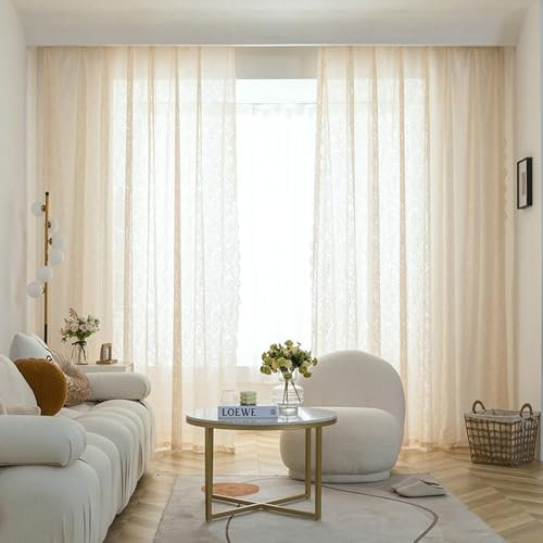ANAZOZ Rideaux Voilages, Café, L 102 x H 138 cm x 2pcs, Mousseline Dentelle Floral, Rideau Filtrant la Lumière, à Oeillets, Rideau Style Français, Fenêtre Salon Chambre Décoration