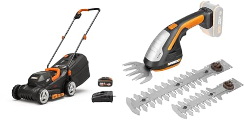 WORX WG730E Akku-Rasenmäher 20V - kraftvoller bürstenloser Motor & WG801E.9 - Akku Gras- und Strauchschere 20V PowerShare