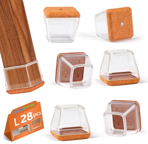28Pcs Square Chair Leg Protectors, BAIPOK Silicon Chair Leg Covers Caps for Hardwood Floors, Furniture Feet Protectors With Felt Pads, No Noise and No Scratches (Fit:30-40mm)