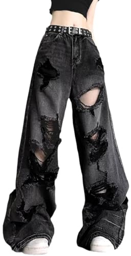 Lafaguw Baggy-jeans för kvinnor och män, raka ben, hög midja, stressed jeans, Y2K, grunge-sommarkläder., Schwarz3, XS