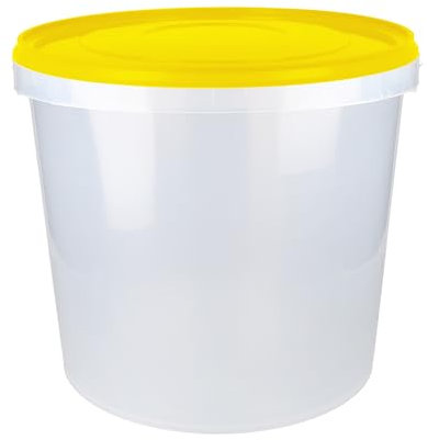 Eimer mit Deckel 10l Rund | Kunststoff Eimer Lebensmittelecht, luftdicht und stabil | Leer Eimer mit Griff und Deckel für Lebensmittel Chemie Klebstoffe Tierfutter geeignet transparent gelb
