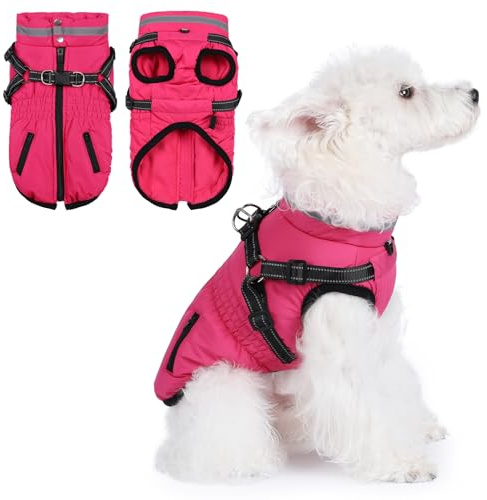 Dog Coat With Harness - Waterproof Winter Jacket for Small Medium Large Dogs, Warm Cold Weather Coat With Built-In Harness (rose red, L)