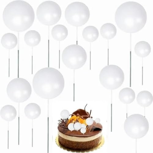 Ball Cake Topper Decorations,20 PCS Round White Cake Balls Mini Balloons Cake Topper Sticks Cupcake Topper for Birthday Party Baby Shower Wedding Cake Decoration
