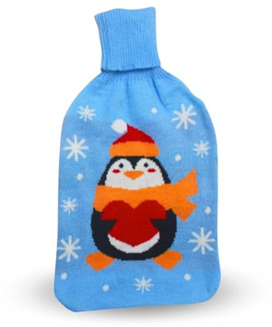 Wärmflasche 1,5 l – weiche Boule aus Fell – Kühltasche – flauschig – Geschenkidee zu Weihnachten (blaues Strick)