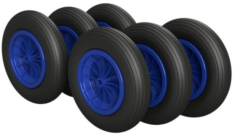 6 x Roue en polyuréthane Ø 350 mm 3.50-8 palier lisse roue de brouette pneus anti-crevaison, noir/bleu