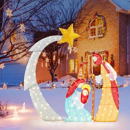 COSTWAY Christmas Nativity Set, Lighted Xmas Holy Family Scene with LED Lights, Zip Ties and Stakes, All-Weather Holiday Nativity Decoration (5FT, Multicolor)
