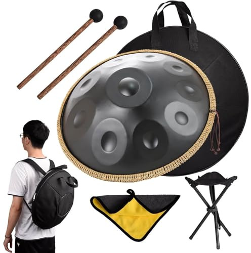 Fucxeoy Handpan-Instrument, 22 Zoll 10 Töne Erwachsene Stahlhandtrommeln, Harmonische Percussion In D-Moll-Zungentrommel-Set, Für Anfänger, Profis, Meditation Yoga Klangheilung (440 Hz) – Schwarz