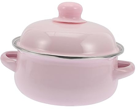 ABOOFAN Thickened 1.1l Enamel Soup Pot with Lid, Two-Handled Pink Enameled Cookware for Household Stewing and Gas Stove Cooking