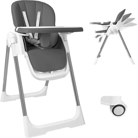 Baby Hochstuhl Klappbarer 4in1, Kinderhochstuhl Multifunktionaler Verstellbar, Babystuhl mit Tablett Abnehmbares und Rollen, Kinderhochstuhl Mitwachsender mit 5-Punkt-Gurt, Kinder Essstuhl Stuhl, Grau