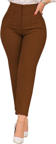 Kubsid Womens Straight Leg Pants 2024 High Waisted Stretchy Business Casual Work Pants Dress Office Trousers with Pockets, Deep Brown, M