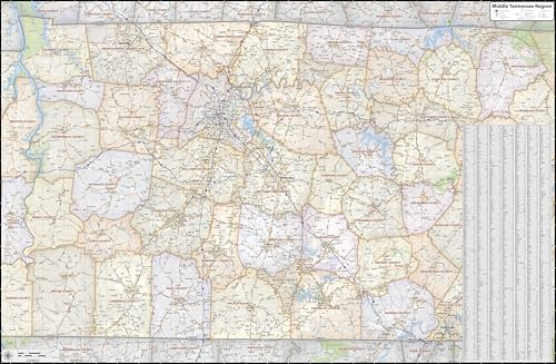 CartoTerra Middle Tennessee Regional Laminated Wall Print (60” wide x 40” high)