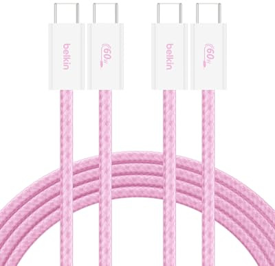 Belkin USB C to USB C Cable 2-Pack, 6.6ft, 60W - Type C Charger, iPhone Charger Cord, Soft, Braided, Flexible for iPhone 17, Galaxy S25, Pixel 10, Airpods, iPad Pro & More, Travel Essentials - Pink