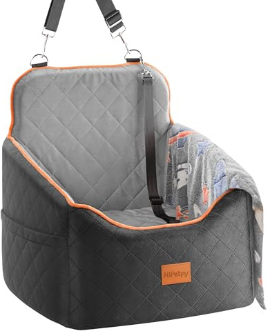 HiPetpy Hunde Autositz –Autositz mit Decke & dickem Kissen für kleine Hunde bis 14 kg/30 lb, Erhöhtes Design mit Sicherheitsleine, rutschfestes Hundebett fürs Auto mit Aufbewahrungstaschen (Grau)