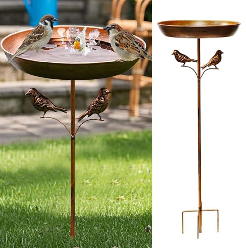 Vintage Vogeltränke Stehend aus Metall, Winterfestes Vogelbad mit Erdspieß für Draußen, Wassertränke für Vögel in Garten, Hof und Rasen (B)