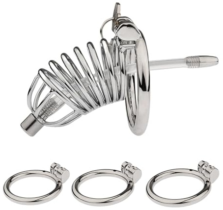 SeLgurFos Chastity Cage aus Edelstahl für Männer mit einem Ring oder 3 Cock Ringen Peniskäfig SM Bondage Sexspielzeug Penis Kontrolle (3 Rings+dilator)