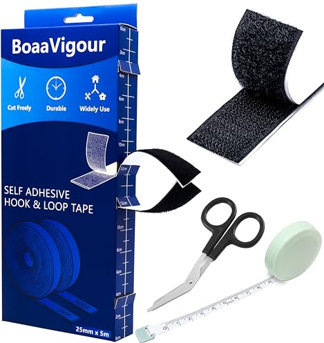 BoaaVigour Hook and Loop Tape 25mm x 5m Stick On Tape Multipurpose Strong Self Adhesive Strips Free Scissors and Tape Measure Ready to use Suitable for Room Decor, Home, Office and Garage Use(Black)