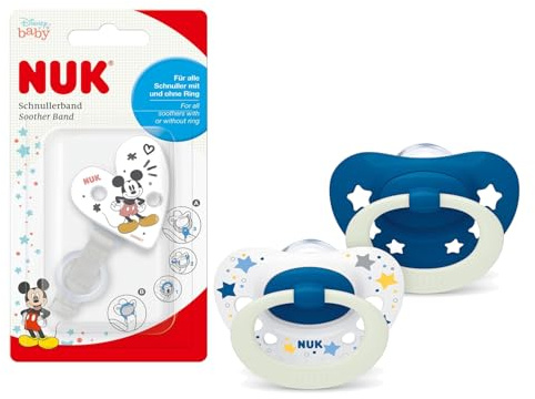 NUK Schnuller-Set: Signature Night Schnuller Gr.1 Blau + Schnullerband – Disney Mickey Mouse Design, BPA-frei, leuchtet im Dunkeln, für Babys ab 0 Monaten