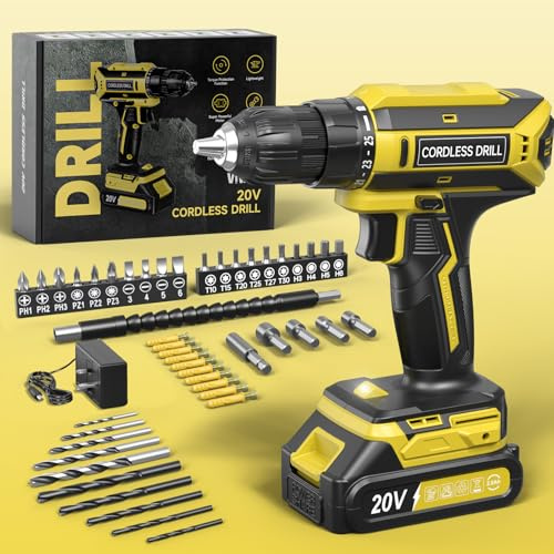 VIWKO Cordless Drill, 20V Electric Combi Drill Set, 25+1 Torque 370 in-lb Power Drills, Electric Screwdriver with 56PCS Accessories LED Light, 2.0Ah Battery Hand Drills Driver for Home Repair DIY Gift