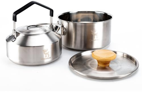 Qunature Batterie de Cuisine Camping 2 Pièces, Casserole INOX 1,5L + Bouilloire 1,1L, Ustensiles de Cuisine Extérieur Compacts et Empilables pour Randonnée, Bivouac, Pique-Nique