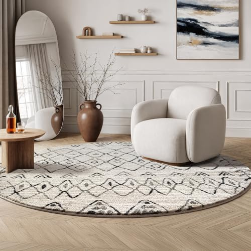 SANAT Boho Teppich – Moderner Teppich im Boho Stil, Geeignet für Wohnzimmer, Schlafzimmer, Flur, Esszimmer und Kinderzimmer – Boho Creme, Größe: 150 cm Rund