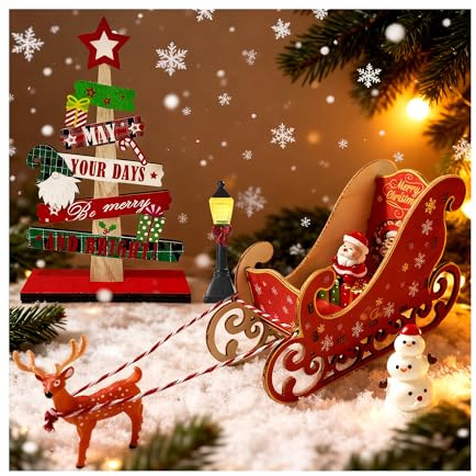 SFNN Wichtel Zubehör Weihnachten Set, 8 Stück Miniatur Zubehör, Holzschlitten, Holz-Weihnachtsschild, Rentier, Seil, Weihnachtsmann, Schneemann & Geschenkbox Deko für Wichteltür und Advent