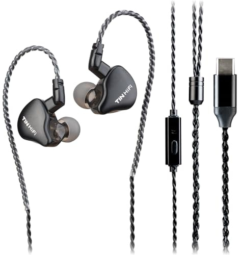 TINHIFI C1 Driver dinamico DLC 10 mm IEM, cavo staccabile, bassi profondi, auricolari in-ear cablati HiFi per musica e giochi (nero, C1 Type-C + microfono a 2 pin)